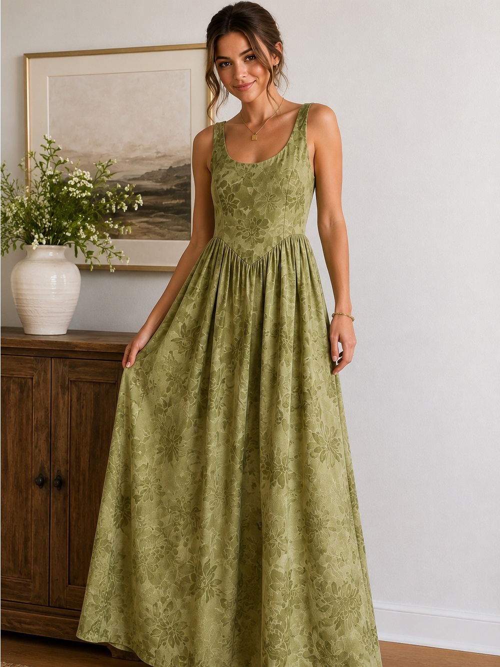 Zoco Woman’s Sage Green Floral Maxi Sleeveless Cottagecore S